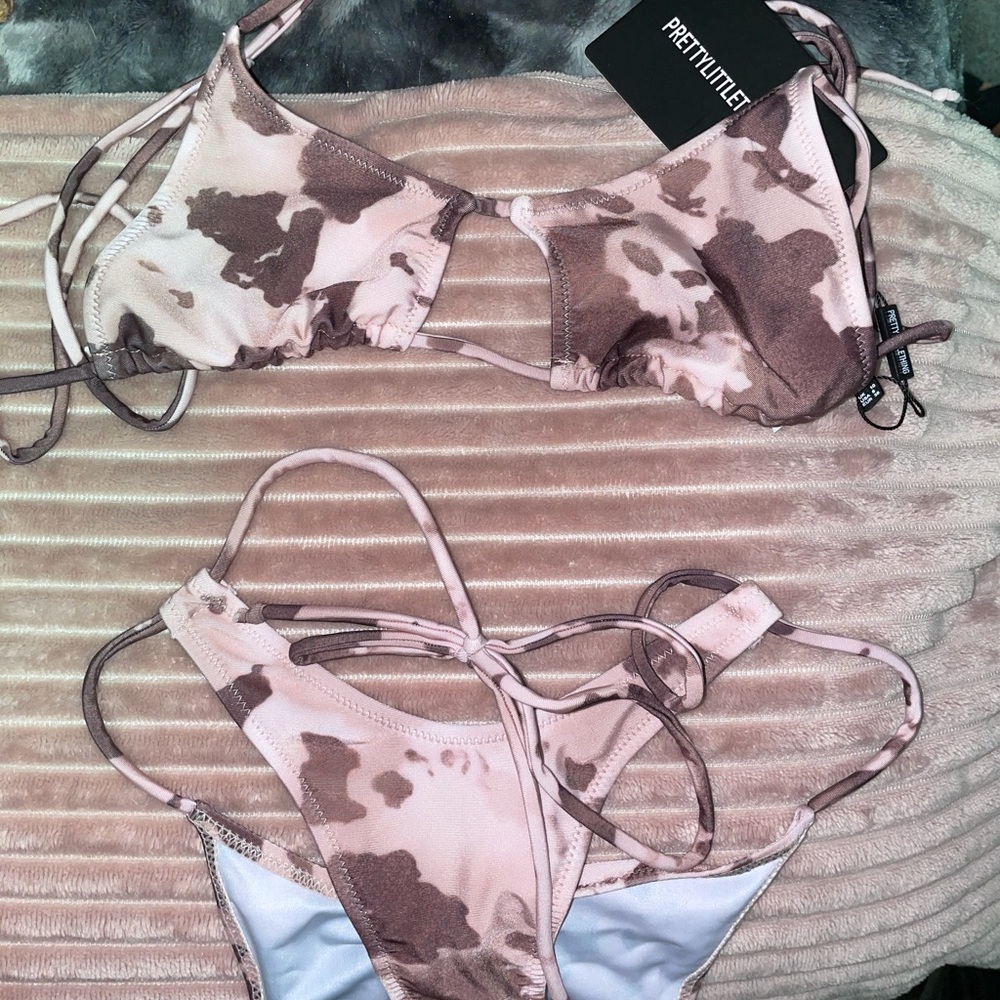 brown cow print- cut out tie- bikini top & bottom